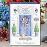 Anúncio de movimento da porta frontal de Chihuahua<br><div class="desc">Anuncie seu novo discurso com nosso anúncio de na moda com um Chihuahua,  porta azul,  tapete de boas-vindas,  letreiro,  topiários e uma coroa floral em um fundo de tijolo de cinza.</div>