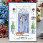 Anúncio de movimento da porta frontal de Tan Dachs<br><div class="desc">Anuncie seu novo discurso com nosso anúncio de na moda com um Tan Dachshund,  porta azul frontal,  tapete de boas-vindas,  tabuleiro,  topiários e uma coroa floral em um fundo de tijolo de cinza.</div>