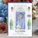 Anúncio de movimento da porta frontal do poodle br<br><div class="desc">Anuncie seu novo discurso com nosso anúncio de na moda com um poodle branco,  porta azul frontal,  tapete de boas-vindas,  tabuleiro,  topiários e uma coroa floral em um fundo de tijolo de cinza.</div>