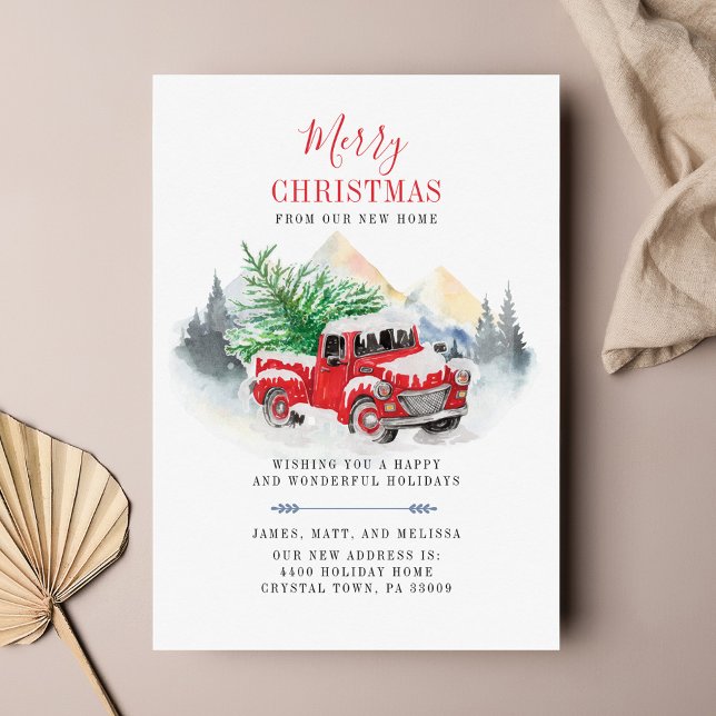 Anúncio de Movimento do Caminhão Vermelho Feriado  (Plaid Red Truck Christmas Moving Announcement)