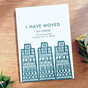 Anúncio de mudança azul com edifícios retrorreflec