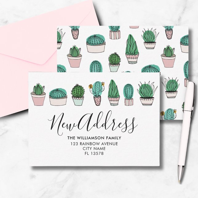 Anúncio de Mudança de Cactus Plantas (Cactus house plant new home moving announcement notecard. From artists own illustrations.)