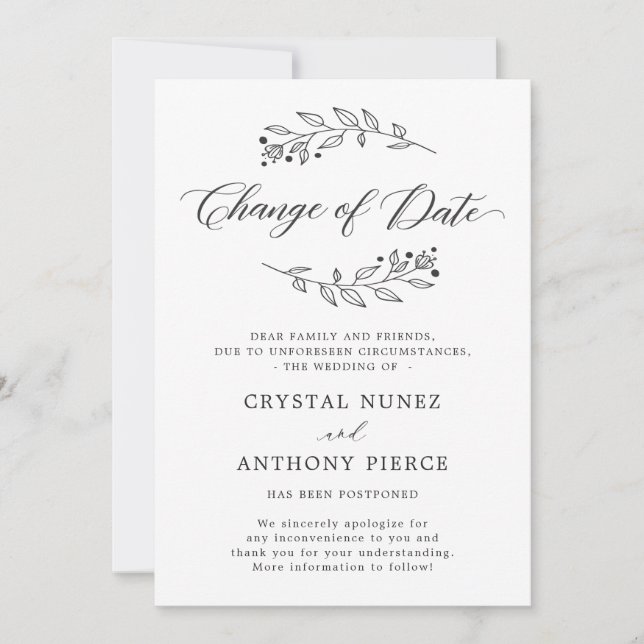 Anúncio de Mudança de Data de Casamento Adiada (Frente)