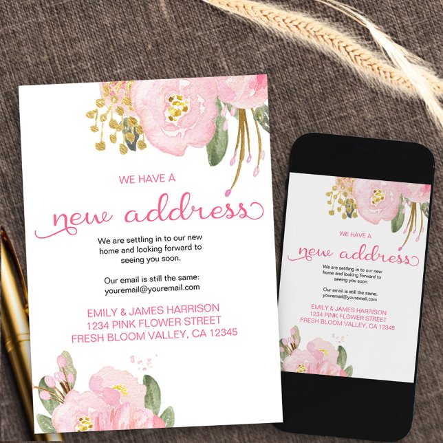 Anúncio de Mudança de Endereço em Rosa Floral Dour (Floral new address moving announcement card available printed or as printable digital download
)