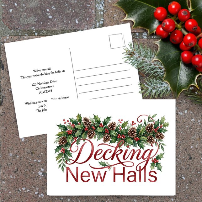 Anúncio de Mudança de Natal Decorando Novos Corred (decking new halls christmas postcard by darling & may)