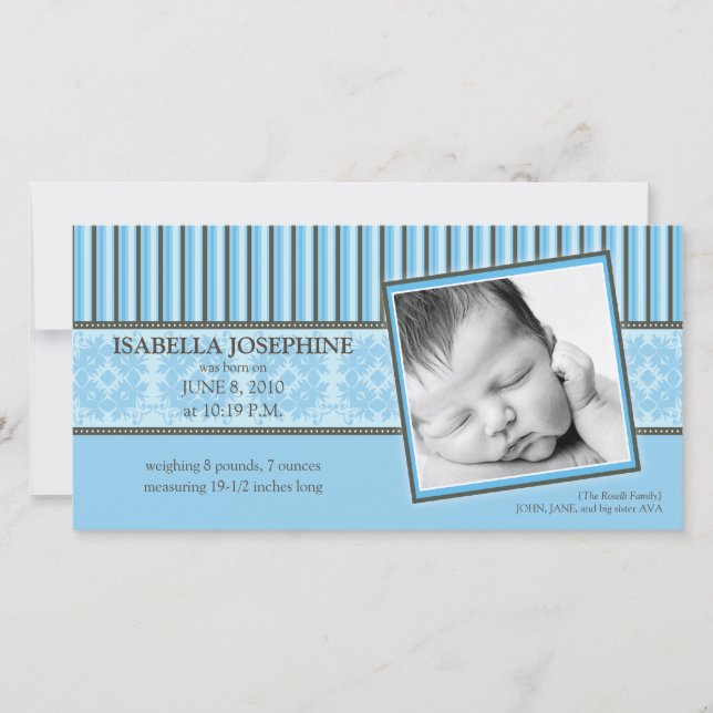 Anúncio de Nascimento Azul Damask & Stripes (Frente)