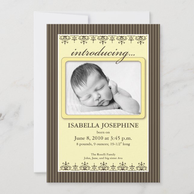 Anúncio de Nascimento Classy Pinstripe Lemon 5x7" (Frente)
