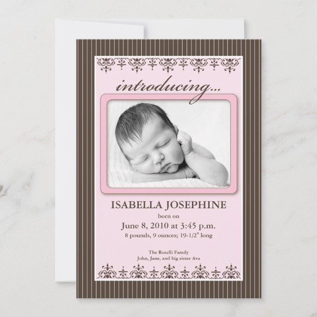 Anúncio de Nascimento Classy Pinstripe Rosa 13x19  (Frente)