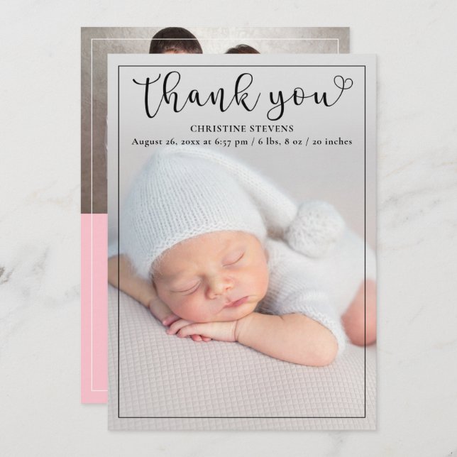 Anúncio de Nascimento com Bebê Rosa 2 Foto (Frente/Verso)