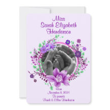 Anúncio de Nascimento com Foto Floral Roxo Bonito