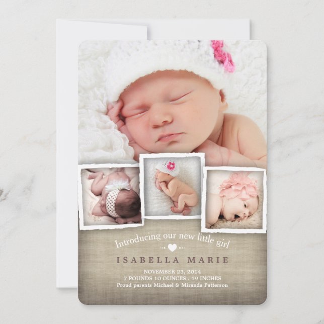 Anúncio de Nascimento da Bebê Burlap Country Sweet (Frente)