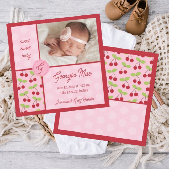 Anúncio de Nascimento da Bebê Vermelha Doce (cherry birth announcement, pink and red birth announcement, photo baby birth announcement, template)