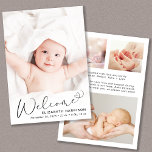 Anúncio de nascimento da Colagem de Fotos de Boas-<br><div class="desc">Um cartão moderno para anunciar o nascimento do seu bebê, com a foto dele ou dela sobreposta com "Bem-vindo" escrito em um roteiro de na moda com uma batida cardíaca. Por baixo adicione o seu nome, data de nascimento e estatísticas de nascimento. No verso, adicione três imagens adicionais e uma...</div>