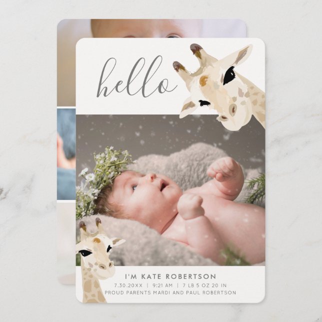 Anúncio de nascimento da Colagem de Fotos Giraffe (Frente/Verso)