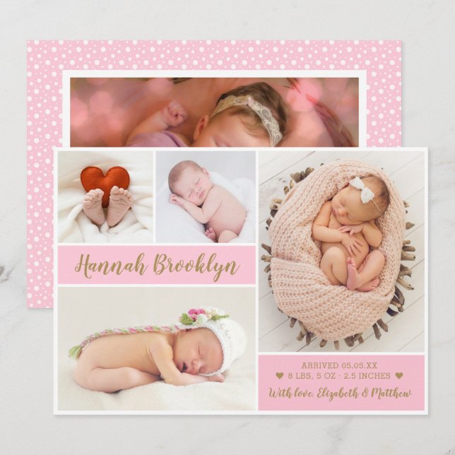 Anúncio de Nascimento da Colagem de Fotos Rosa 4 E (Frente/Verso)