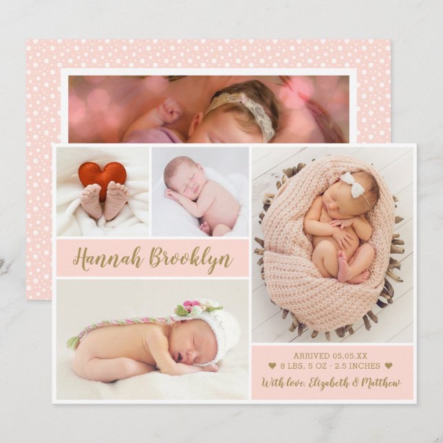 Anúncio de nascimento da Colagem de Fotos Rosa e D (Frente/Verso)
