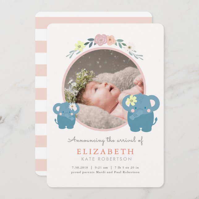 Anúncio de nascimento da Elephant Pink Floral Girl (Frente/Verso)