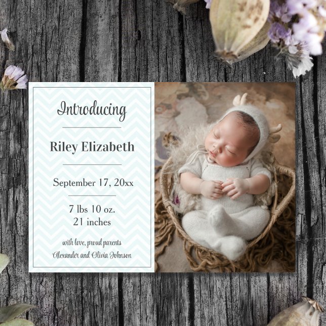 Anúncio de Nascimento da Foto Chevron Teal (Teal Chevron Photo Birth Announcement)