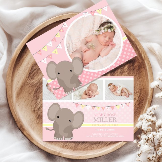 Anúncio de Nascimento da Foto de Elefante para Men (Photo Baby Girl Birth Announcement with Elephant)