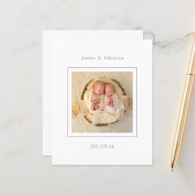 Anúncio de Nascimento da Foto de Gêmeos Minimalist (Frente/Verso In Situ)