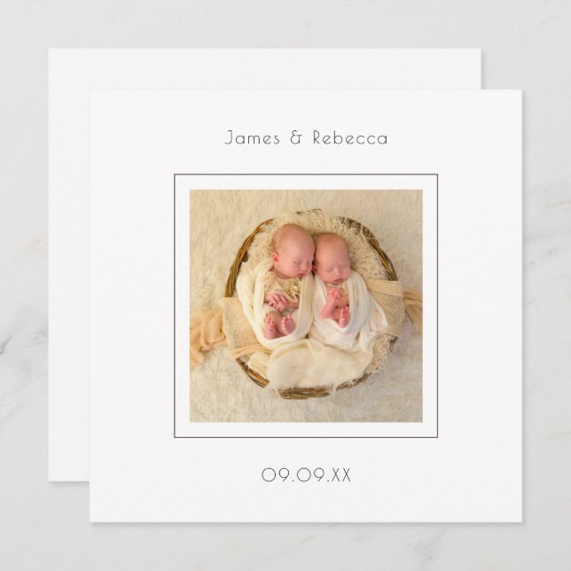 Anúncio de Nascimento da Foto de Gêmeos Minimalist (Frente/Verso)