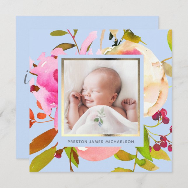 Anúncio de Nascimento da Foto Floral Blue Watercol (Frente/Verso)