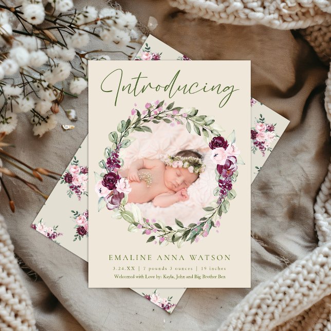 Anúncio de Nascimento da Foto Floral Cor-de-Rosa (Floral Botanical Wreath Photo Baby Girl Birth Announcement)