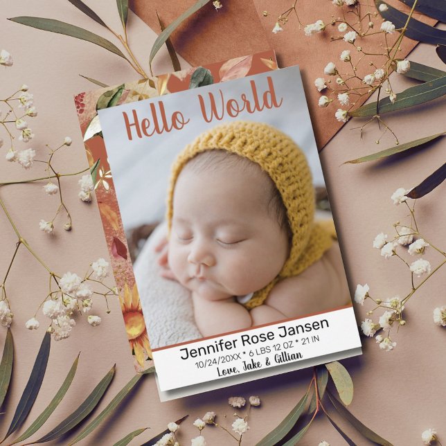 Anúncio de Nascimento da Foto Floral do Hello Worl (Hello World Autumn Floral Birth Announcement Photo Card)
