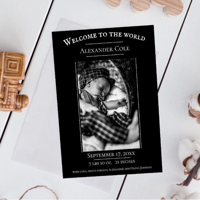 Anúncio de Nascimento da Foto Minimalista Preta (Black Minimalist Photo Birth Announcement)