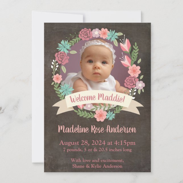Anúncio de Nascimento da Rapariga Floral Wreath (Frente)
