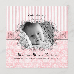Anúncio de Nascimento Damask & Stripe Baby Girl