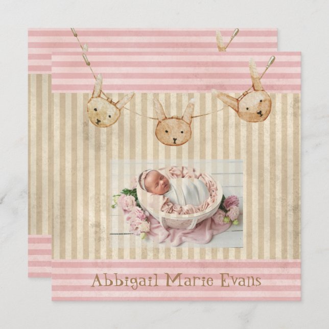 Anúncio de Nascimento de Bebê Coelhinha Rosa-Rosa- (Frente/Verso)