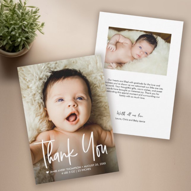 Anúncio de Nascimento de Bebê com Foto Personaliza (Modern Thank you script baby shower photo birth announcement card.)