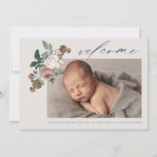 Anúncio de nascimento de bebê com rosa floral vint (Frente)