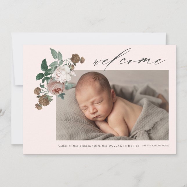 Anúncio de nascimento de bebê com rosa floral vint (Frente)