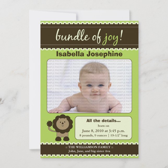 Anúncio de Nascimento de Bebê Designer Leão: verde (Frente)