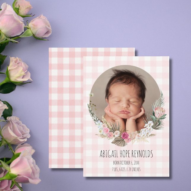 Anúncio de Nascimento de Bebê Menina Floral Doce e (Sweet Floral Baby Girl Birth Photo Announcement)