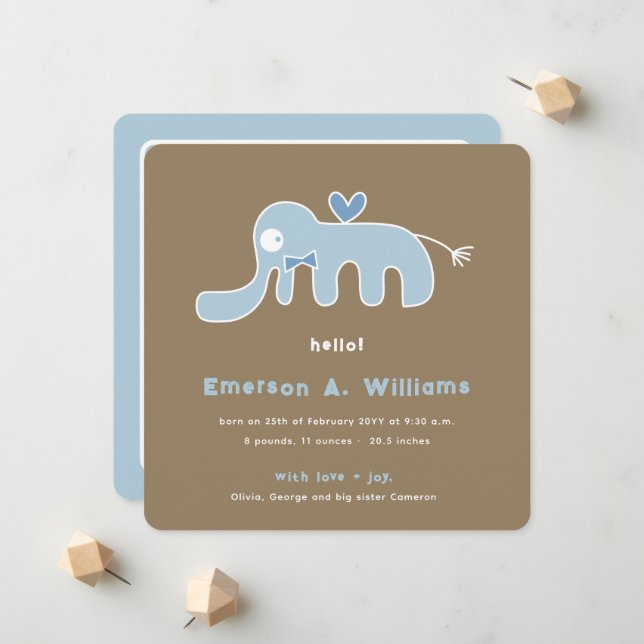 Anúncio de Nascimento de Bebê Menino Elefante Azul (Frente/Verso In Situ)