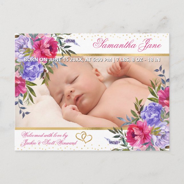 Anúncio de Nascimento de Bebê Recém-Nascido Floral (Frente)