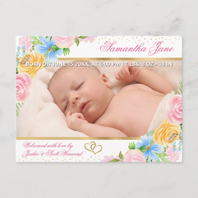 Anúncio de Nascimento de Bebê Recém-Nascido Floral (Frente)