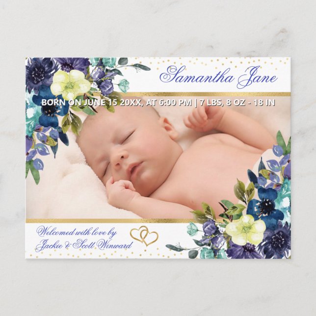 Anúncio de Nascimento de Bebê Recém-Nascido Floral (Frente)