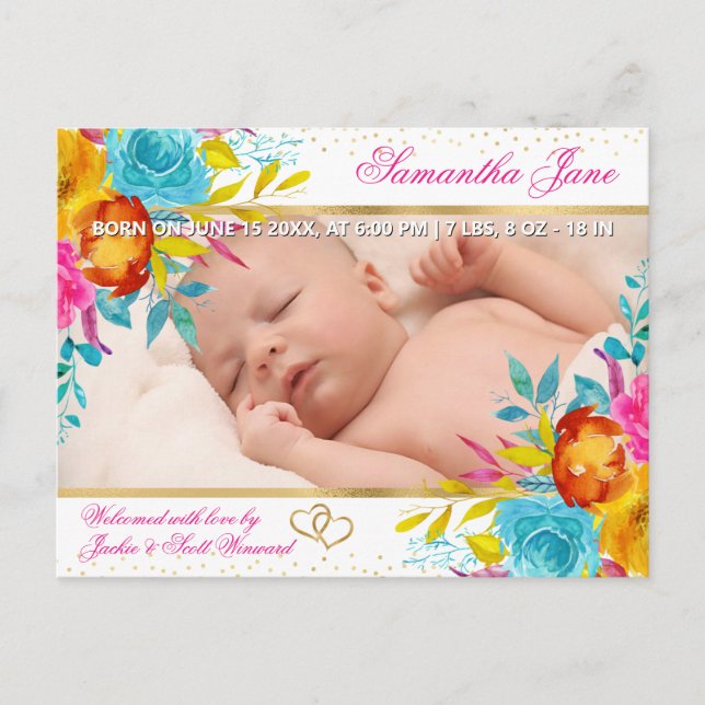 Anúncio de Nascimento de Bebê Recém-Nascido Floral (Frente)