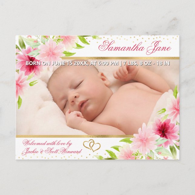 Anúncio de Nascimento de Bebê Recém-Nascido Floral (Frente)