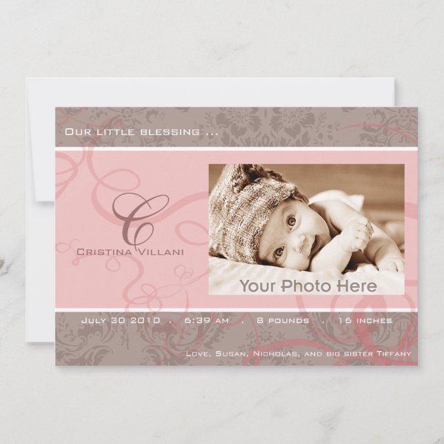Anúncio de nascimento de bebê rosa com fita (Frente)