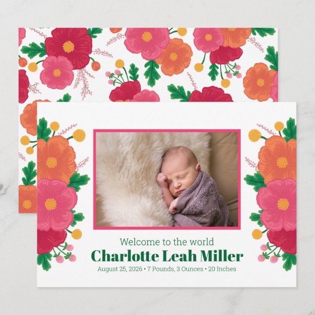 Anúncio de Nascimento de Bold Blooms (Frente/Verso)