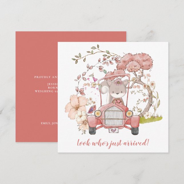 Anúncio de nascimento de Carro vintage de Esquilo  (Frente/Verso)