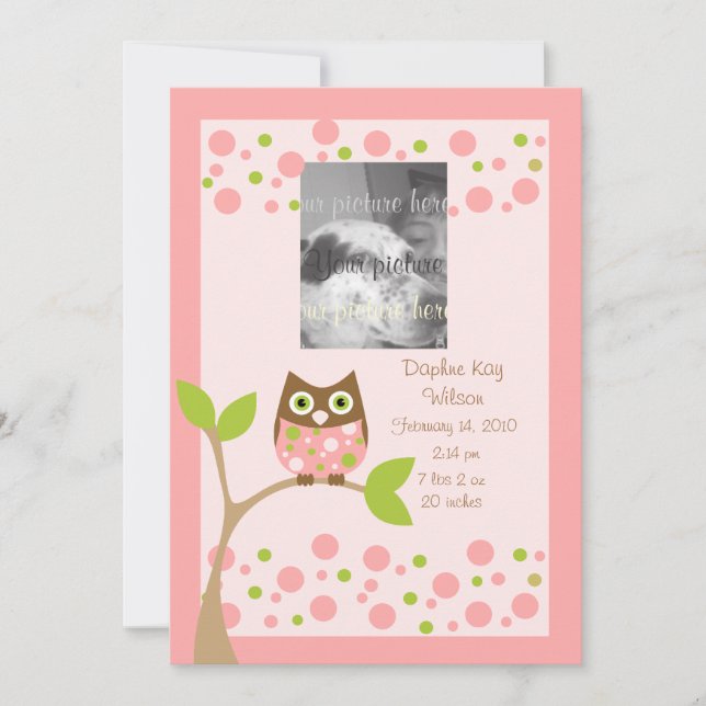 Anúncio de Nascimento de Coruja Rosa. (Frente)