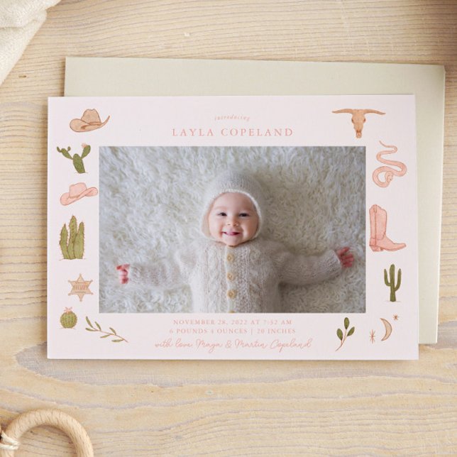 Anúncio de Nascimento de Foto de Bebê Cowgirl Rosa (Criador carregado)