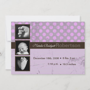 Anúncio de nascimento de foto de Bolinhas roxa 5x7