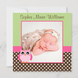 Anúncio de nascimento de Foto de Coruja Verde Rosa
